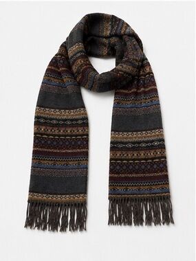 (OS) Scottish 100% Cashmere Neck Scarf Patterned Black Gray Accessory Fringe